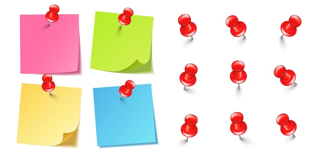 Notas adhesivas en blanco realistas aisladas sobre un fondo blanco hojas de papel de notas de colores con rojo