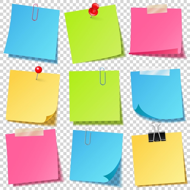 Notas adhesivas en blanco realistas y coloridas con carpeta de clip hojas de notas de papel de papel recordatorio