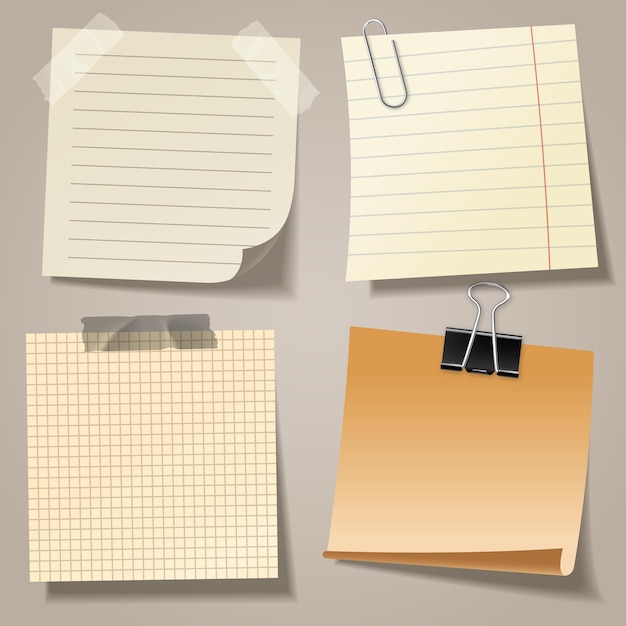 Notas adhesivas en blanco realistas con encuadernador de clips y cinta adhesiva hojas de papel de notas de colores