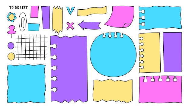 Notas coloridas Conjunto vectorial Memo bloc de notas Papeles rasgados Colección de cintas clip pin