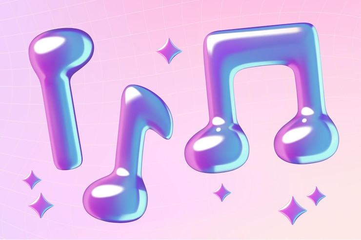 Vector notas de melodía de música púrpura íconos holográficos en 3d fondo de gradiente y2k