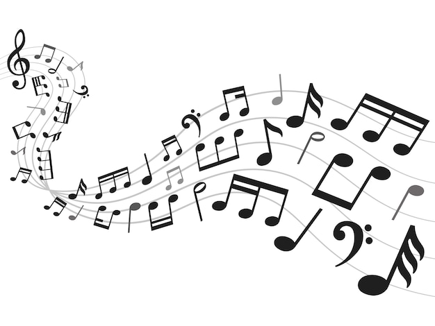 Notas musicales de fondo. Hoja de notación musical, melodía de sonido e ilustración de símbolos de nota