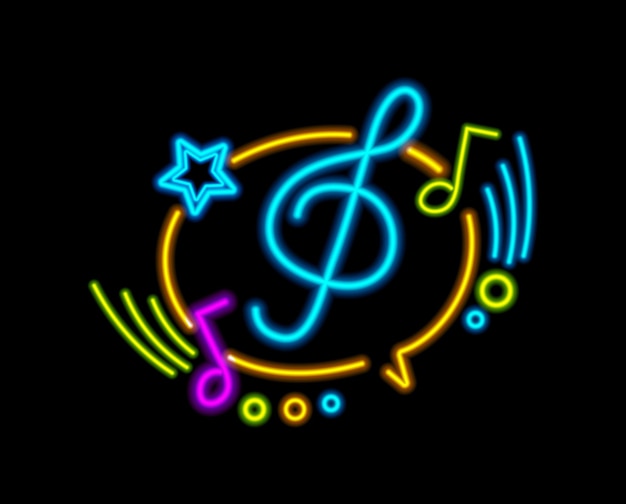 Notas musicales y señal de neón de clave aguda