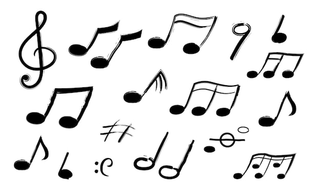 Notas musicales símbolos de sonido dibujados a mano grabación de melodías colección de signos musicales aislados iconos de contorno decorativos para músicos plantillas de tinta abstractas conjunto minimalista vectorial