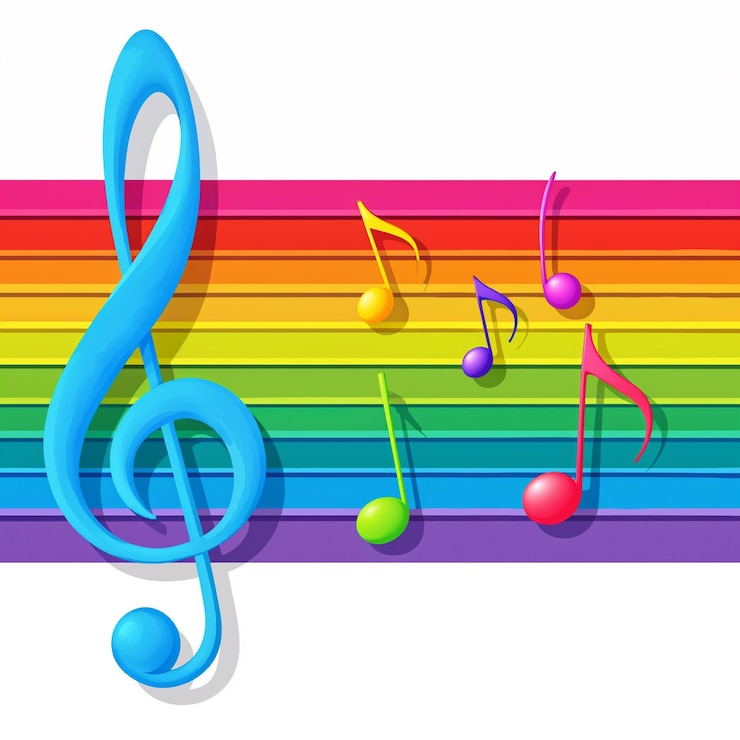 Vector notas musicales vibrantes y clave de treble en una ilustración vectorial de la vara del arco iris