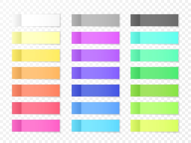 Notas de papel adhesivas con efecto de sombra. Pegatinas de notas de notas de color en blanco para publicar aisladas sobre fondo transparente. Ilustración.