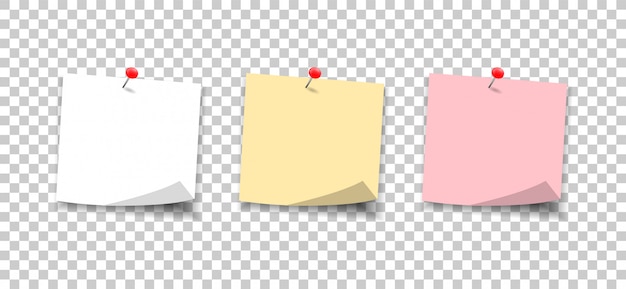 Notas de papel aseguradas con un botón. Establecer notas adhesivas para el mensaje.