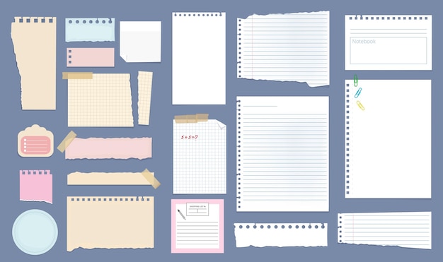 Vector notas de papel. cuadernos de páginas lineales listas de cuadernos de diferentes tamaños con notas despojadas.