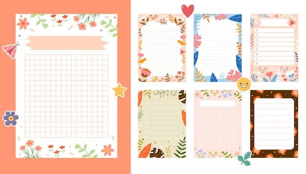 Notas de papel de la naturaleza dibujadas a mano con hojas, flores y pegatinas.