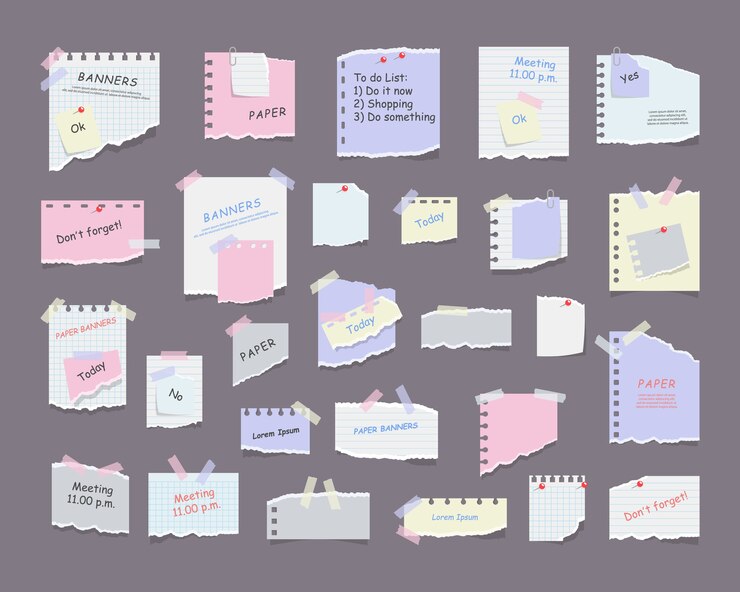 Notas de papel en pegatinas, blocs de notas y mensajes de notas en hojas de papel rasgadas. Papel de carta en blanco de recordatorio de reunión, lista de tareas y aviso de oficina o tablero de información. Recordatorio de información.
