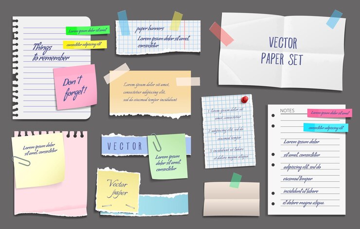 Vector notas de papel pegatinas hojas adhesivas y cinta