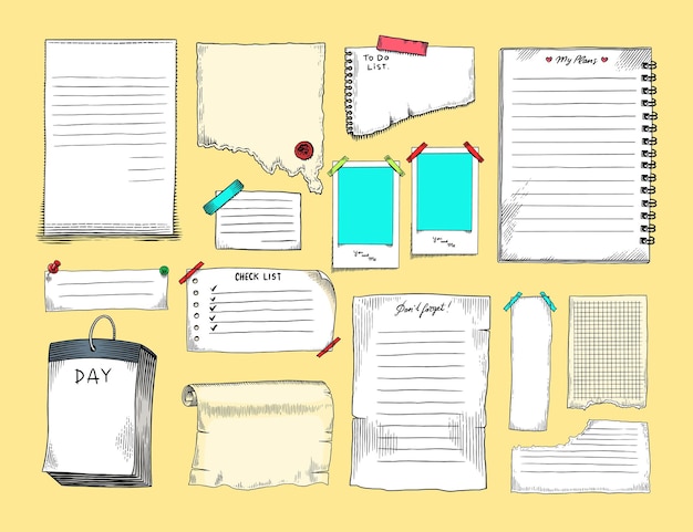 Notas de papel para el planificador diario dibujadas a mano elementos de diario de balas hojas de cuaderno garabateos para hacer lista