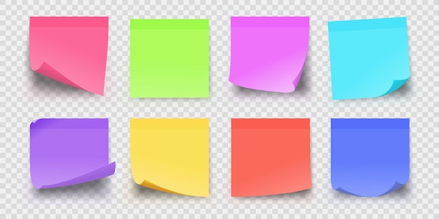 Notas recordatorias de papel adhesivo de oficina realista en colores. Páginas de notas cuadradas adhesivas para mensajes importantes. Conjunto de vector de bloc de notas de post adhesivo. Ilustración de recordatorio de color, memoria pegajosa