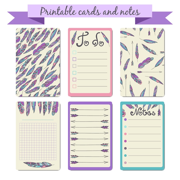 Vector notas y tarjetas imprimibles con diseño de plumas