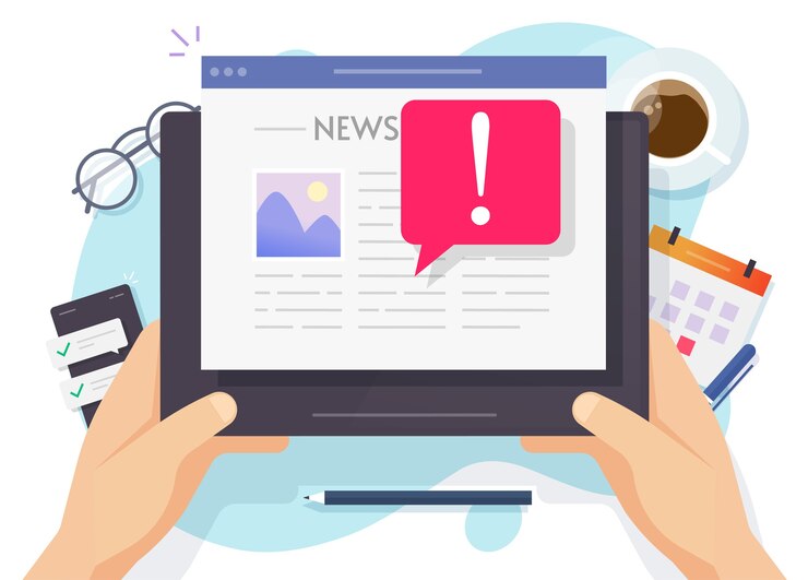 Vector noticias falsas en línea importante concepto de noticias de última hora en la lectura diaria de la computadora tableta digital hombre persona