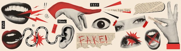 Noticias falsas moda vintage collage concepción Semitono labios ojos manos Periódico retro y pa desgarrado