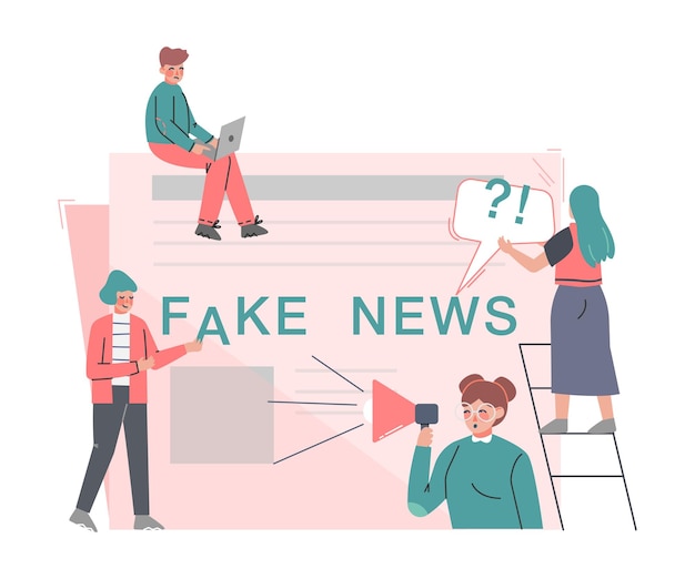 Las noticias falsas que difunden la propaganda de los medios de comunicación falsas informaciones difundidas ilustraciones vectoriales de dibujos animados