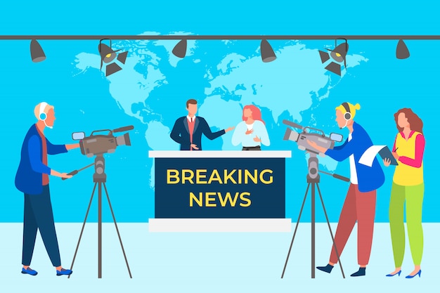 Noticias de última hora illustation concepto. Programa de emisiones de estudio de televisión. Operadores de grupo que graban video en cámaras.
