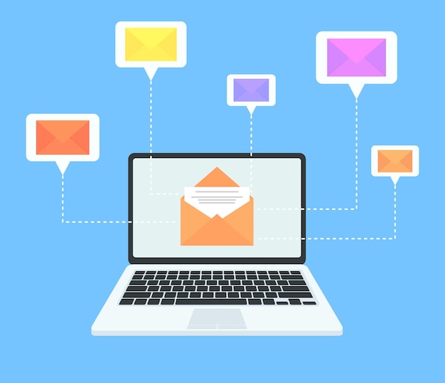 Notificación por correo electrónico en la computadora portátil Nuevo mensaje Aviso de correo en la pantalla de la computadora portátil Estilo plano Ilustración vectorial