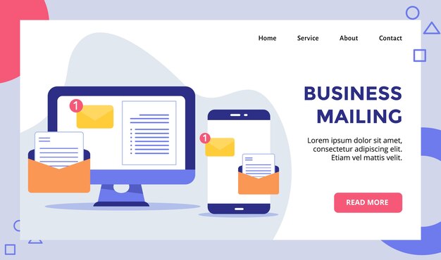 Notificación por correo electrónico de negocios en la campaña de la pantalla del teléfono inteligente de la computadora para el banner de la plantilla de la página de inicio de la página de inicio del sitio web con un estilo plano moderno