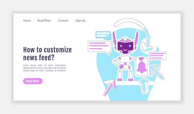 Notificación de información bot plantilla de silueta plana de página de aterrizaje. Diseño de página de inicio. Fuente de noticias que personaliza la interfaz del sitio web de una página con un personaje de esquema de dibujos animados. Banner web, página web