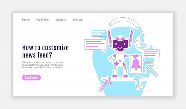 Notificación de información bot plantilla de silueta plana de página de aterrizaje. diseño de página de inicio. fuente de noticias que personaliza la interfaz del sitio web de una página con un personaje de esquema de dibujos animados. banner web, página web