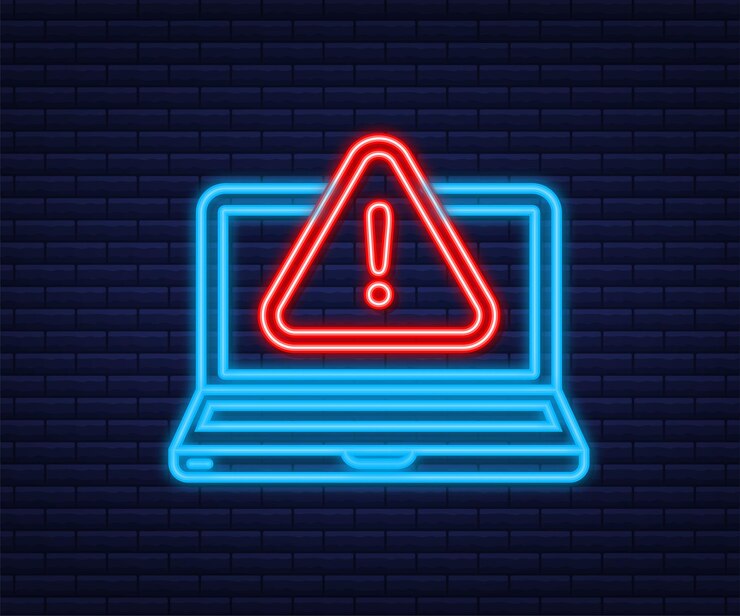 Vector notificación de mensaje de alerta de la computadora portátil. icono de neón. alertas de error de peligro, problemas de virus en computadoras portátiles o notificaciones de problemas de correo no deseado de mensajería insegura. ilustración vectorial.