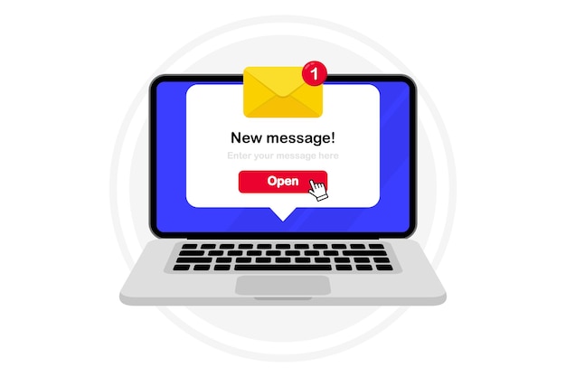 Notificación de nuevo mensaje en la pantalla de la computadora Notificación de correo electrónico no leído Sobre con nuevo mensaje Portátil con correo electrónico no leyido Notificación de mensaje de correo electrónico llegado Ilustración vectorial