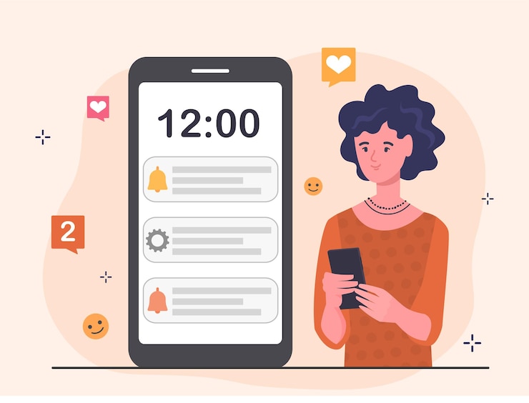 Vector notificaciones de empuje concepto chica mira la pantalla del teléfono inteligente comprobar las notificaciones noticias modernas