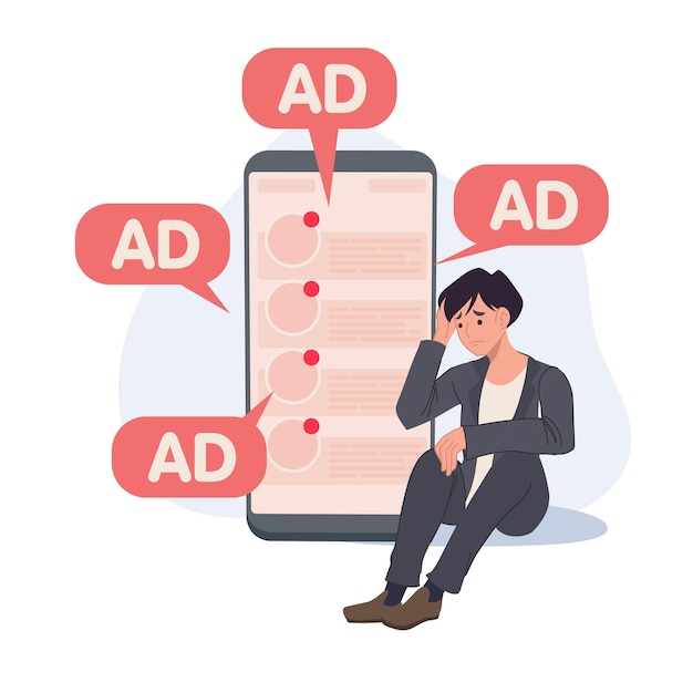 Notificaciones molestas Publicidad en línea en el teléfono inteligente El hombre triste es un anuncio de spam molesto Ilustración vectorial