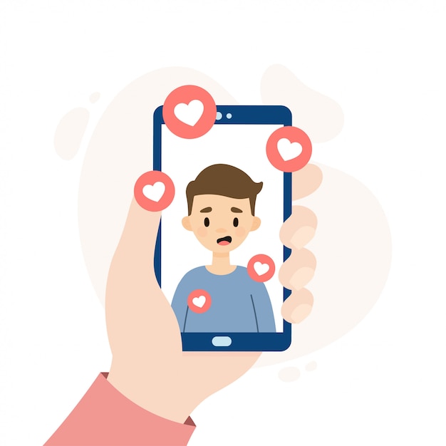 Notificaciones de redes sociales. Persona rodeada de corazones / me gusta. Mano sosteniendo un teléfono inteligente.