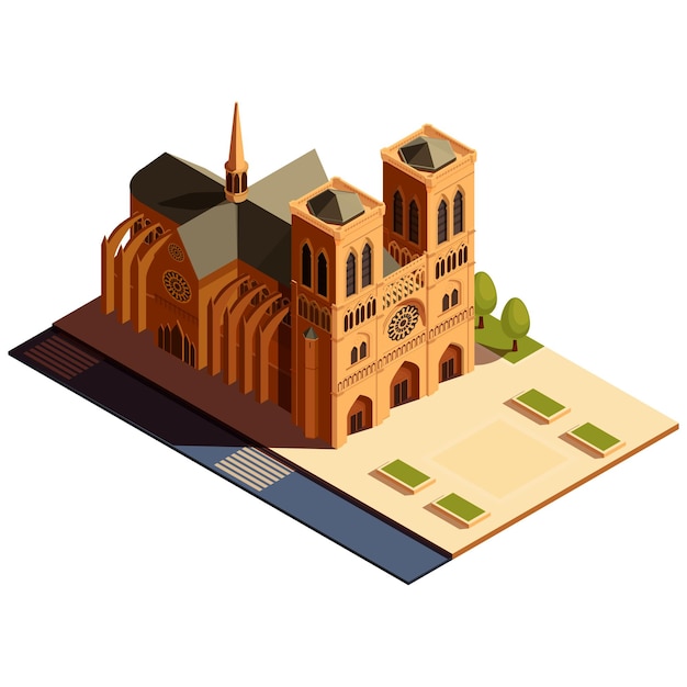 Notre Dame isométrica en París con ilustración vectorial cuadrada