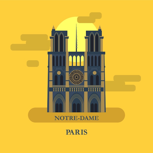 Notre Dame en París. ilustración vectorial La famosa Catedral de Notre Dame. Catedral al sol sobre un fondo amarillo.