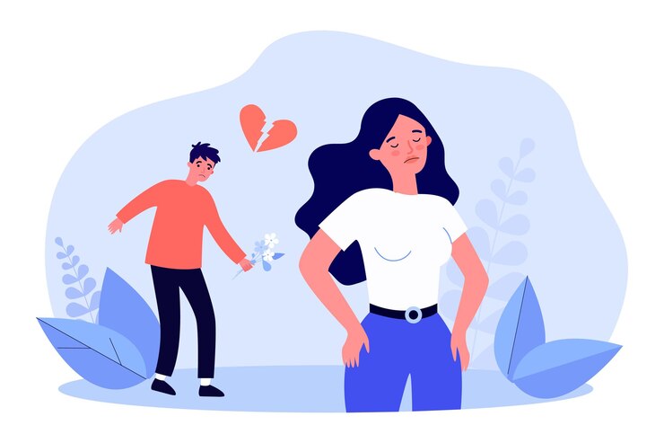 Vector novia alejándose de un novio triste sosteniendo flores. mujer rechazando o rompiendo con la ilustración de vector plano de hombre. relación, concepto de rechazo para banner, diseño de sitio web o página de inicio