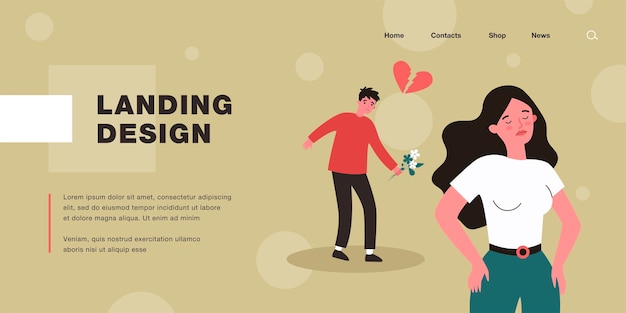 Novia alejándose de un novio triste sosteniendo flores. Mujer rechazando o rompiendo con la ilustración de vector plano de hombre. Relación, concepto de rechazo para banner, diseño de sitio web o página de inicio