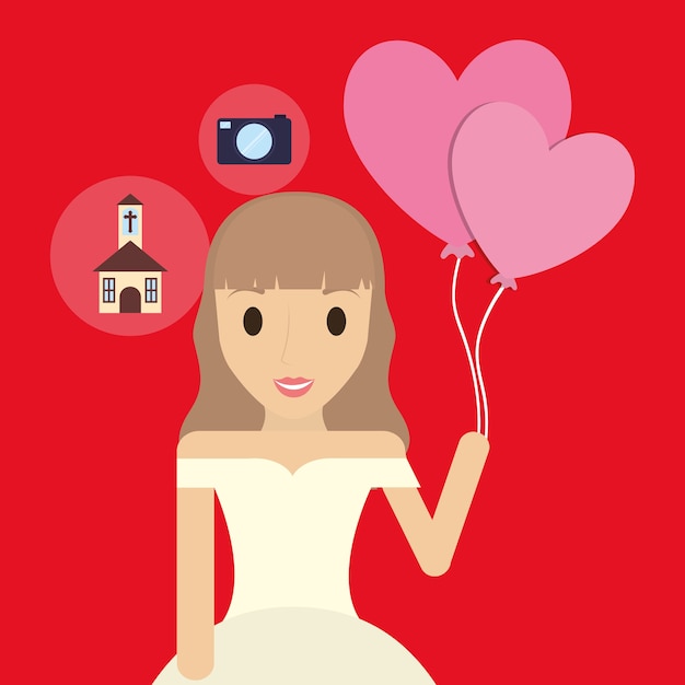 novia de dibujos animados sosteniendo un globos e iconos relacionados alrededor