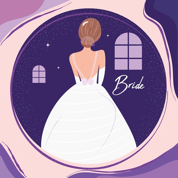 Vector novia feliz aislada con vestido de novia plantilla de color de boda ilustración vectorial