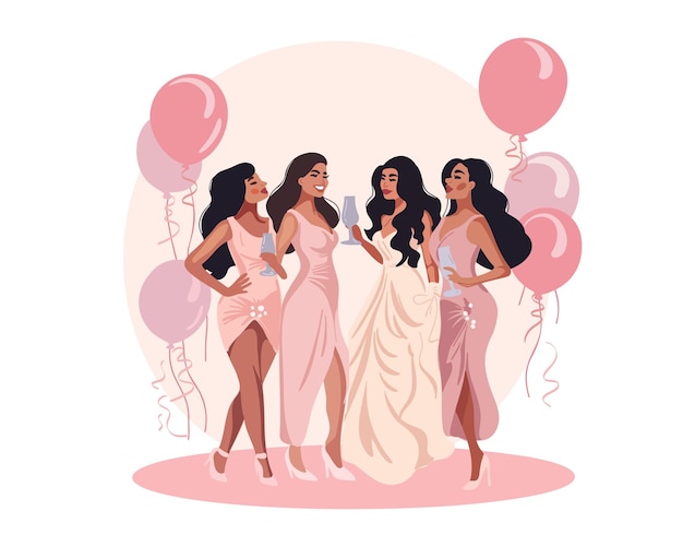 Vector novia feliz con damas de honor en la boda ilustración vectorial de dibujos animados