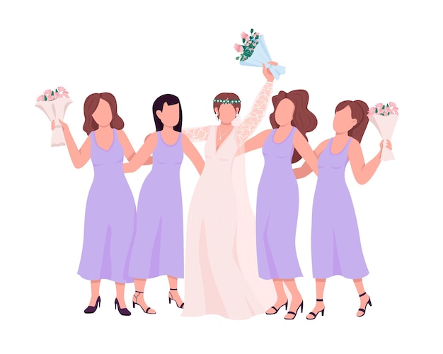 Novia feliz con personajes vectoriales de color semiplano de dama de honor. Figuras de pie. Gente de cuerpo completo en blanco. Ilustración de estilo de dibujos animados moderno aislado de boda para diseño gráfico y animación