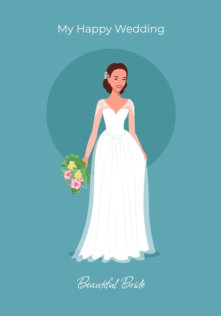 Novia en un hermoso vestido con un ramo de tarjeta de felicitación Invitación de boda Ilustración vectorial