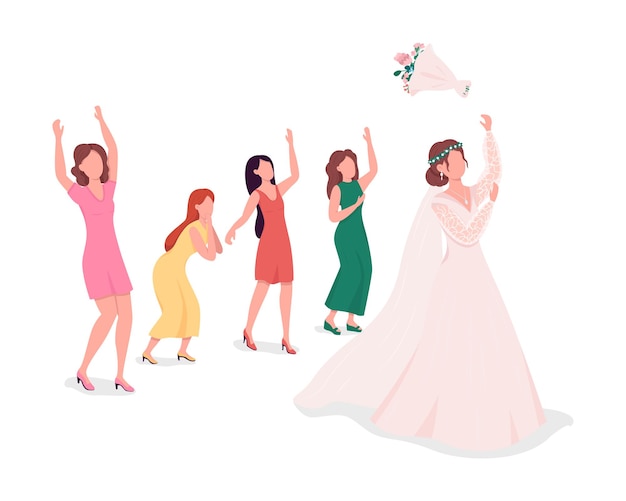 Novia lanzando flores a las damas de honor personajes vectoriales de color semiplano. figuras de pie. gente de cuerpo completo en blanco. ilustración de estilo de dibujos animados moderno aislado de boda para diseño gráfico, animación