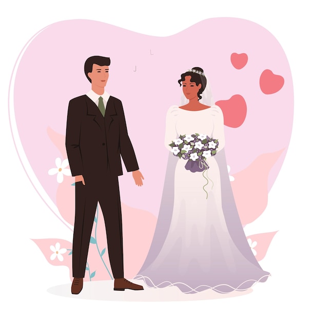 Novia y novio aislados Recién casados Casados Postal Ilustración vectorial plana
