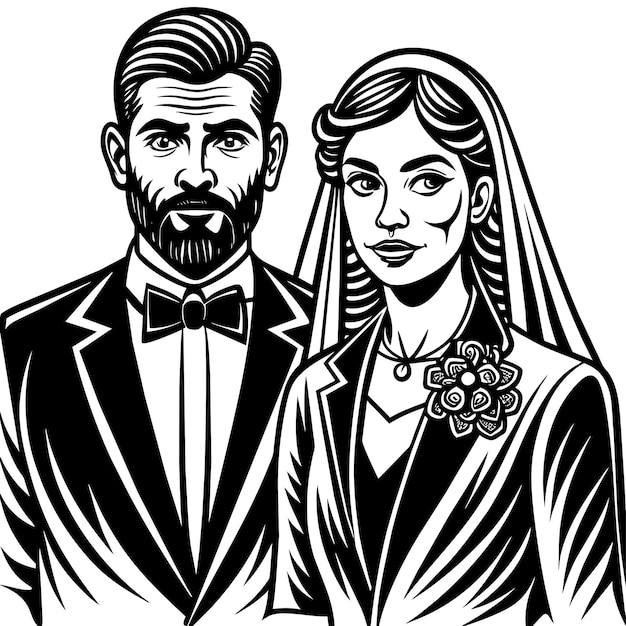 Vector novia y novio amor boda pareja dibujada a mano plano elegante pegatina de dibujos animados icono concepto aislado