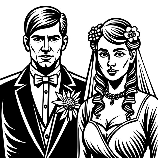 Vector novia y novio amor boda pareja dibujada a mano plano elegante pegatina de dibujos animados icono concepto aislado