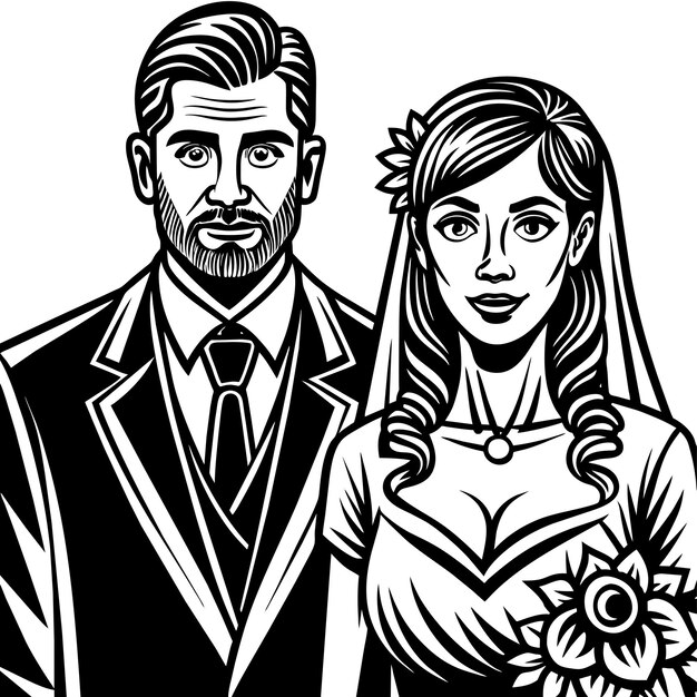 Vector novia y novio amor boda pareja dibujada a mano plano elegante pegatina de dibujos animados icono concepto aislado