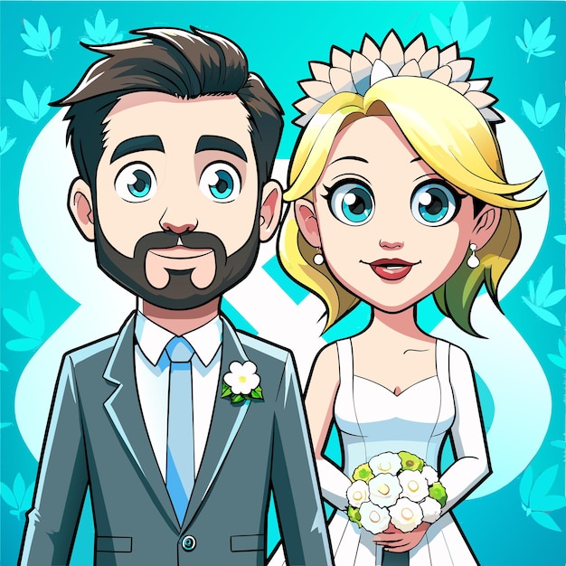 Vector novia y novio amor boda pareja dibujada a mano plano elegante pegatina de dibujos animados icono concepto aislado