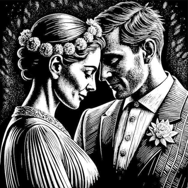 Novia y novio amor boda pareja dibujada a mano plano elegante pegatina de dibujos animados icono concepto aislado