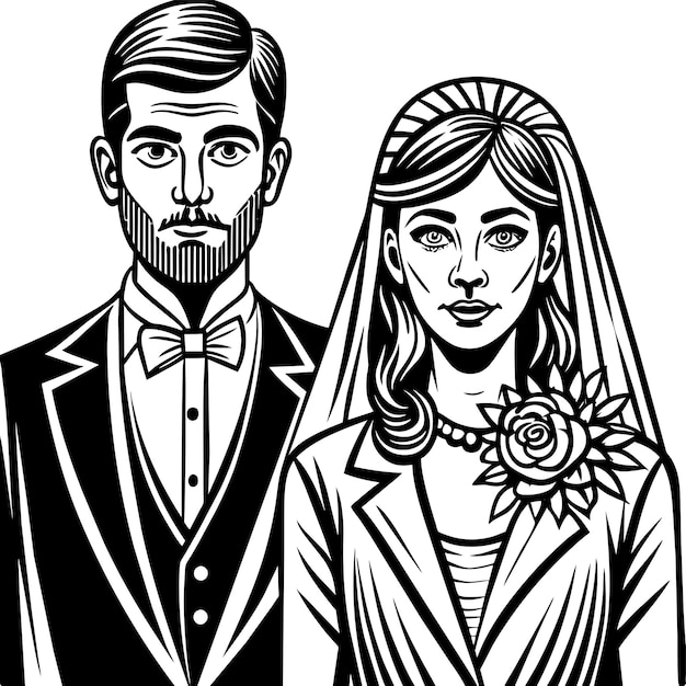 Vector novia y novio amor boda pareja dibujada a mano plano elegante pegatina de dibujos animados icono concepto aislado