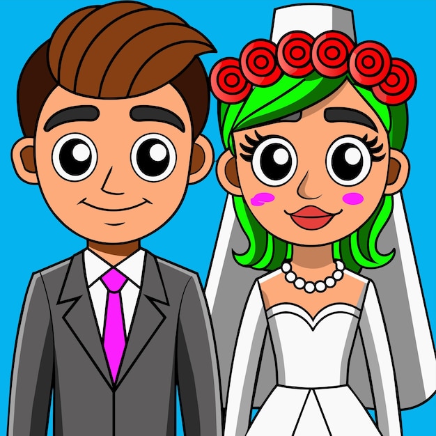 Vector novia y novio amor boda pareja dibujada a mano plano elegante pegatina de dibujos animados icono concepto aislado