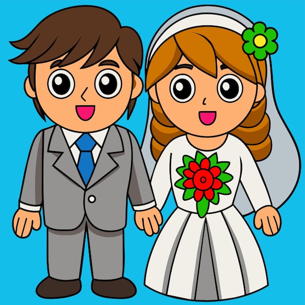 Vector novia y novio amor boda pareja dibujada a mano plano elegante pegatina de dibujos animados icono concepto aislado